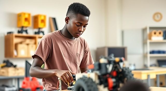 A Ghanaian student working on a robotics and STEM projects in a classroom.